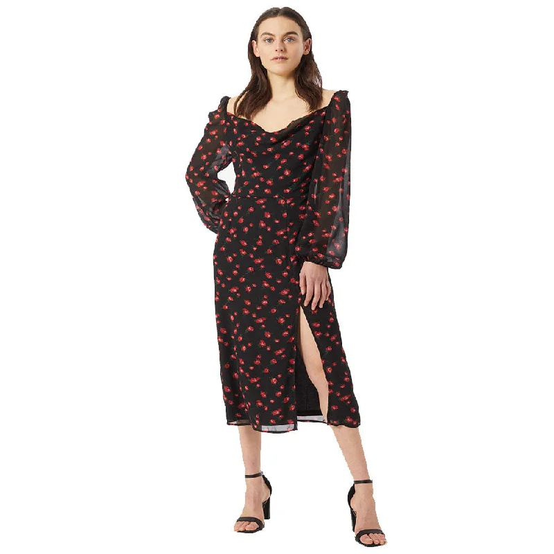 Women's Floral Print Side Slit Midi Dress,Black Bold Women's Statement