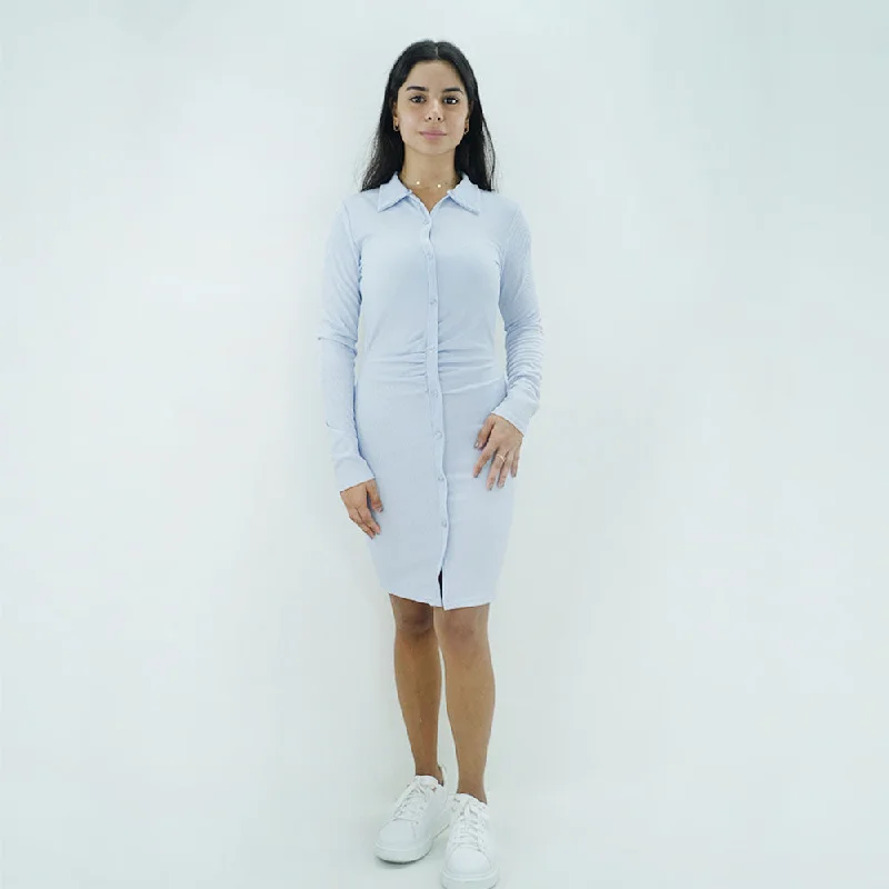 Women's Ribbed Button Style Dress,Light Blue Geometric