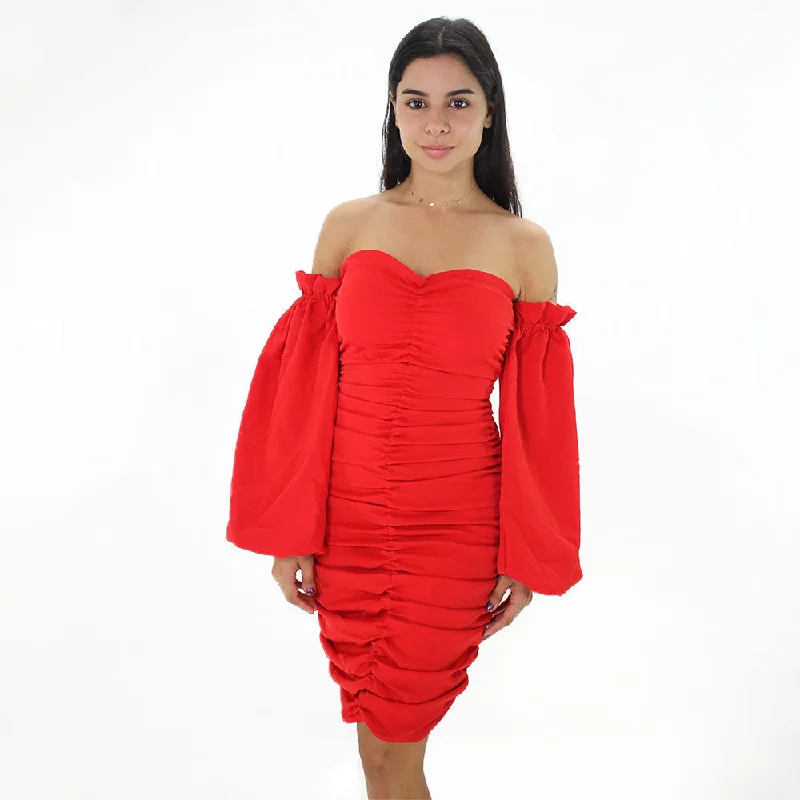 Women's Plain Solid Smoked Dress,Red Traditional Women's Wool