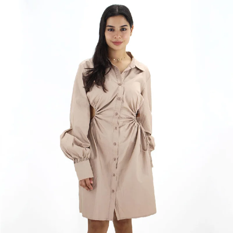 Women's Open Waist Bottuns Dress,Beige Elegant Women's 