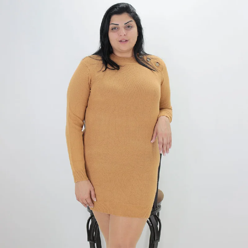 Women's Plain Solid Knitted Dress,Camel Streetwear Style for 