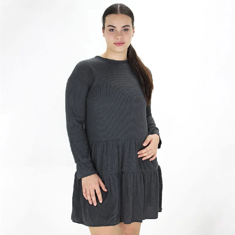 Women's Ribbed Ruffled Dress,Dark Grey Unique Women's Upcycled