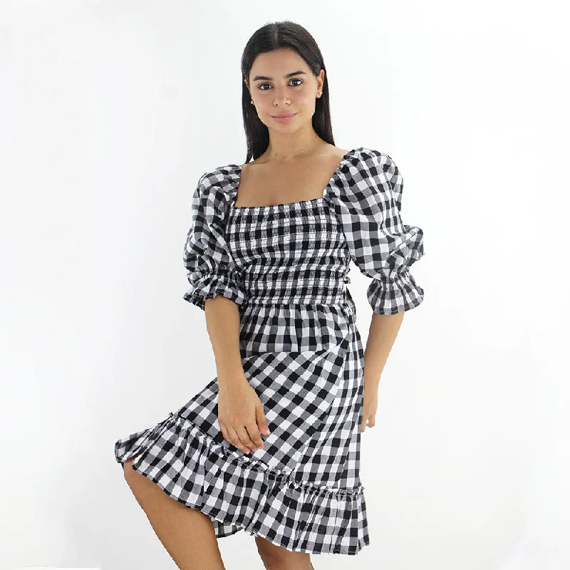 Women's Plaid Open Back Puff Sleeve Dress, Black/White Hip Women's Urban
