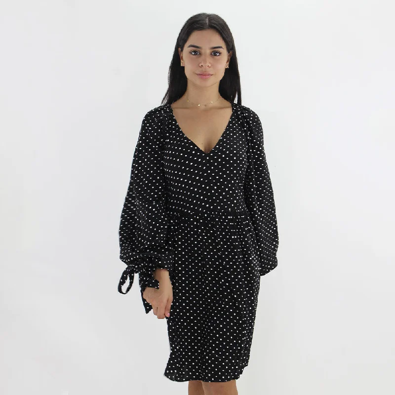 Women's Wide Sleeve Polka Dots Dress,Black Modern Women's 