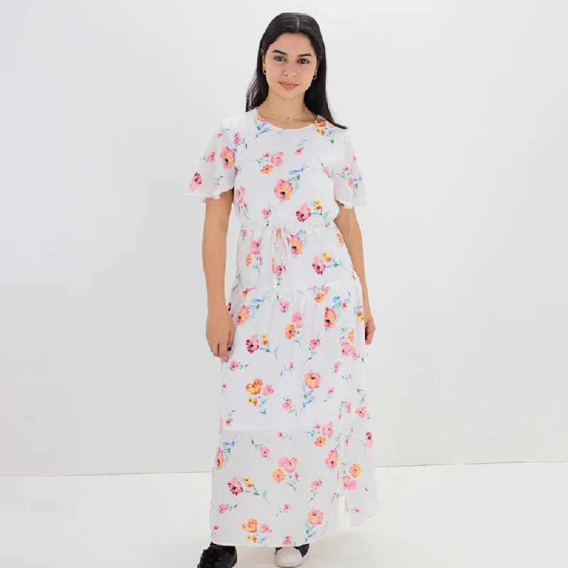 Women's Floral Long  Dress,White Vacation
