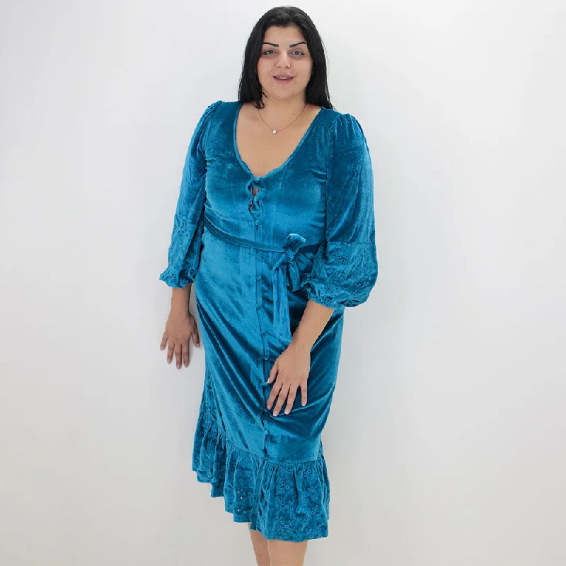 Women's Velvet Ruffled Long Dress,Blue Classic Women's Pin - striped