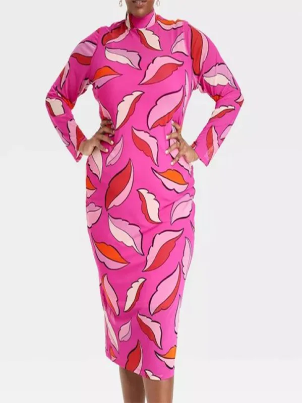 Women's Plus Size Mesh Bodycon Printed Dress,Pink Cool Women's Skate