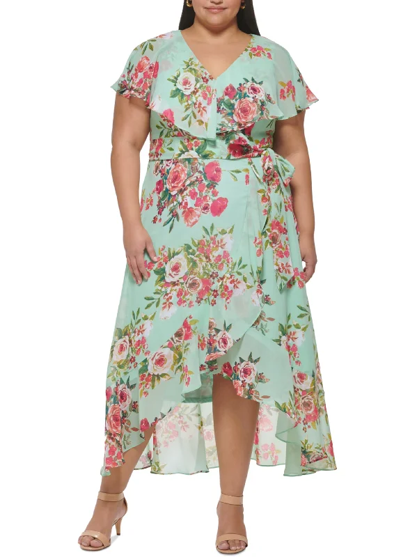 Women's Floral Printed Asymmetric MIDI Dress,Light Green Scandinavian