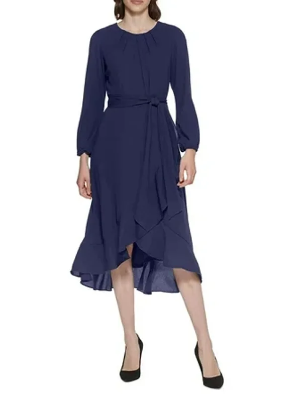Women's Ruffled MIDI Dress,Navy Earthy Women's Hemp - based