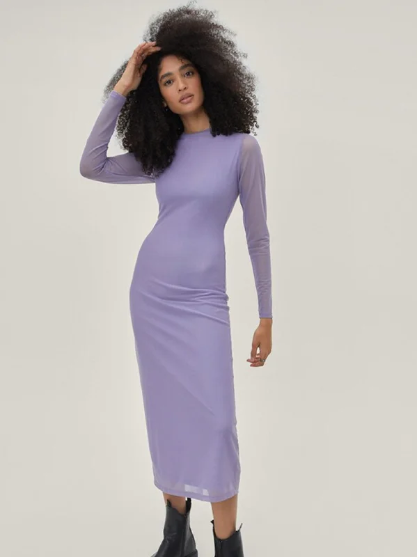 Women's Plain Mesh Dress,Light Purple Preppy Women's College