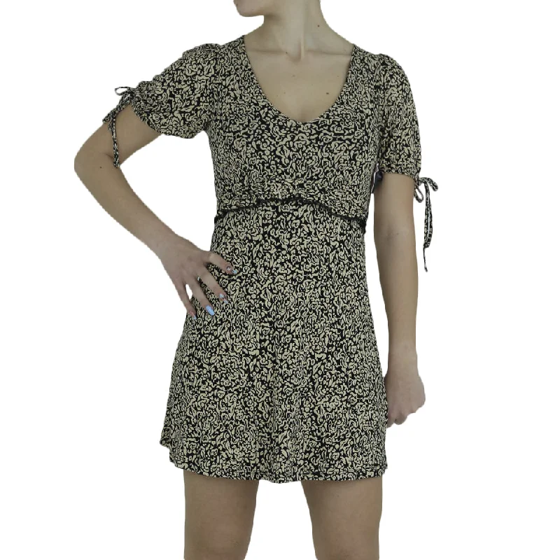 Women's Floral Tie Sleeve Mini Dress,Beige/Black Scandinavian