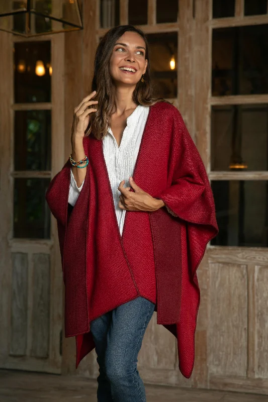 Andean Vistas in Wine Reversible Alpaca Blend Ruana in Tomato and Wine Preppy Women's College Andean Vistas in Wine Reversible Alpaca Blend Ruana in Tomato and Wine Preppy Women's College