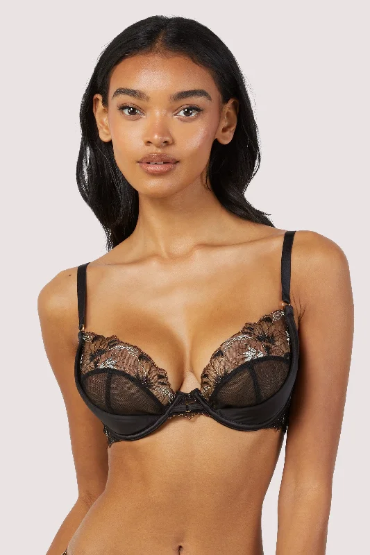 Aria Black and Gold Lace Plunge Bra Scandinavian