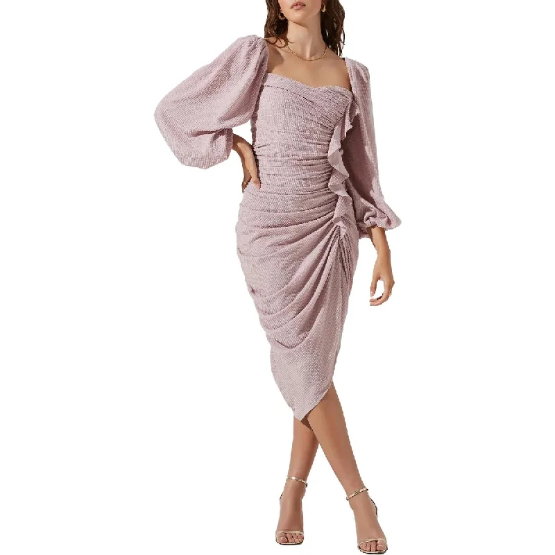 ASTR The Label Athens Women's Ruched Ruffled Blouson Sleeve Midi Dress