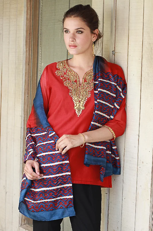 Bengali Festival in Cinnabar Hand Woven Cinnabar Azure Geometric Silk Shawl from India