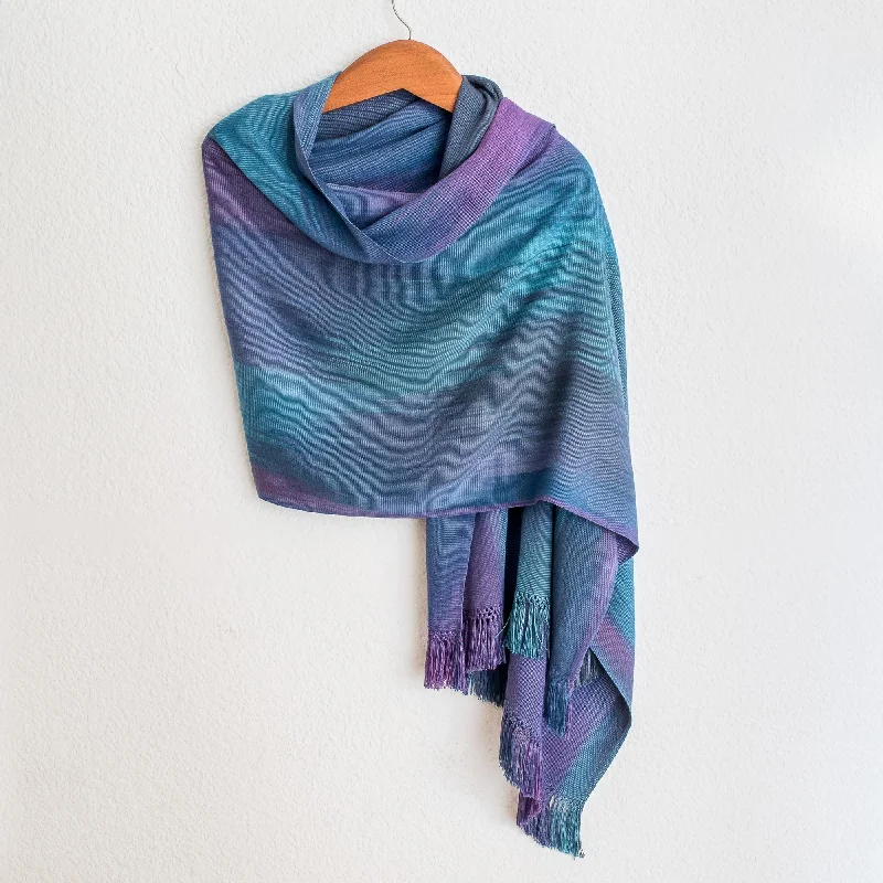 Blue Orchids Guatemalan Hand Woven Shawl in Blues and Orchids