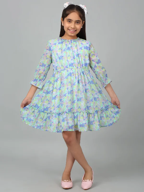 Girls Blue 3/4th Sleeves Floral Print Dress Street