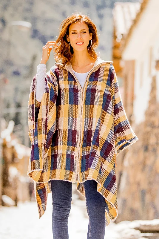 Cuzco Morning Check Pattern Alpaca Blend Poncho Sweater from Peru Practical Women's Quick - dry Cuzco Morning Check Pattern Alpaca Blend Poncho Sweater from Peru Practical Women's Quick - dry