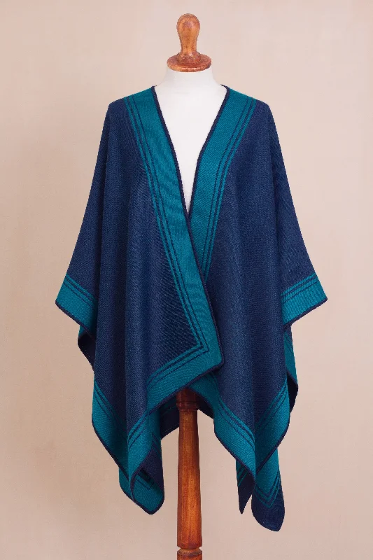 Delightful Fantasy in Teal Reversible Alpaca Blend Ruana in Navy and Teal Disco