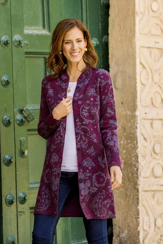 Dream Garden in Maroon Floral 100% Baby Alpaca Cardigan in Maroon from Peru Compression