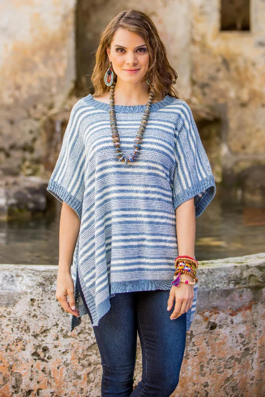 Elegant Stripes Cotton Poncho Blue Stripes Wood Buttons from Guatemala