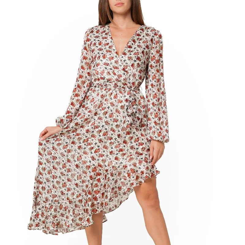 Floral Asymmetrical Ruffle Hem Wrap Dress In Victoria Garden Sophisticated Women's Tailored Floral Asymmetrical Ruffle Hem Wrap Dress In Victoria Garden Sophisticated Women's Tailored