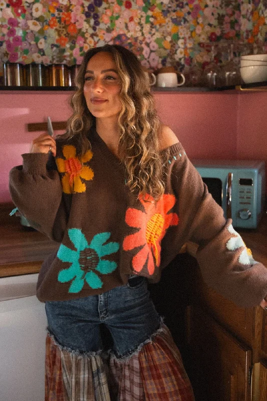 Good Mood Flower Print Sweater - Chocolate performance