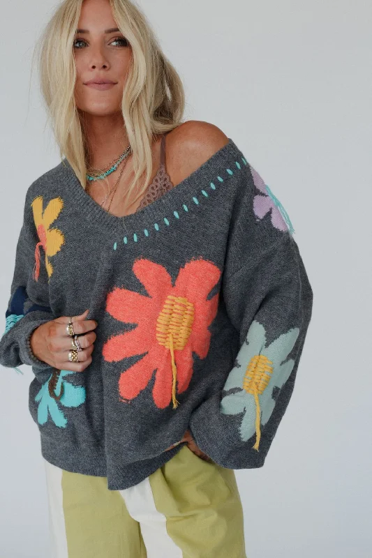 Good Mood Flower Print Sweater - Charcoal Refined Women's Velvet
