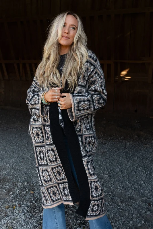 Heirloom Blooms Duster Cardigan - Black Youthful Women's Anime - inspired