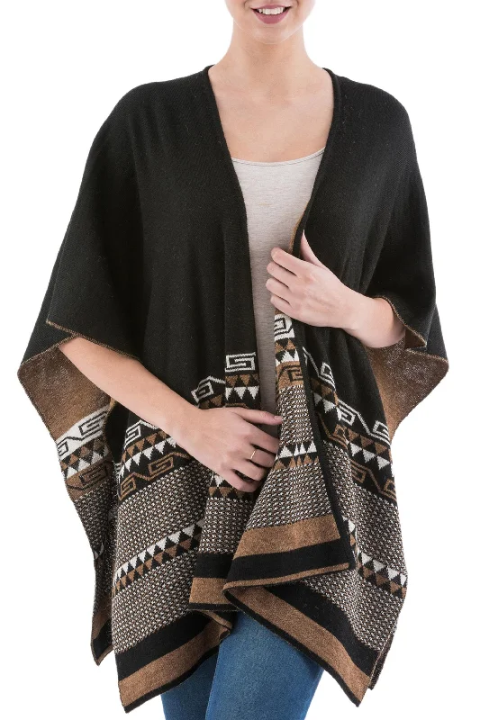 Incan Kingdom in Golden Brown Reversible Alpaca Blend Ruana in Black and Golden Brown Sophisticated Women's Tailored