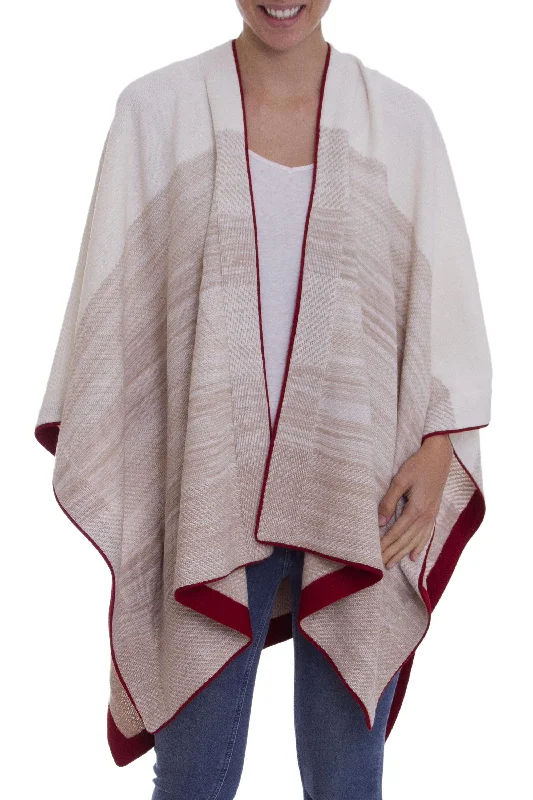 Light of the Desert White and Beige 100% Baby Alpaca Knit Ruana with Red Borders Feminine Women's Soft Light of the Desert White and Beige 100% Baby Alpaca Knit Ruana with Red Borders Feminine Women's Soft