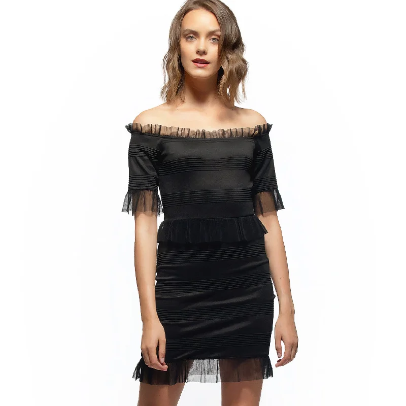 Off Shoulder Lace Trim Bodycon Dress In Black Confident Women's Power