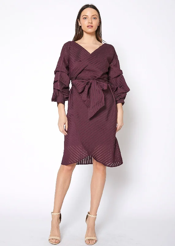 Organza Stripe Wrap Dress In Burgundy Stylish Women's Tropical 