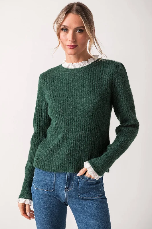 Pinch Knit Combo Ruffle Neck Sweater