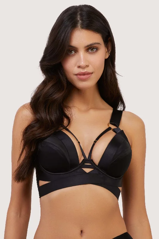 Etta Black Satin and Mesh Longline Padded Plunge Bra