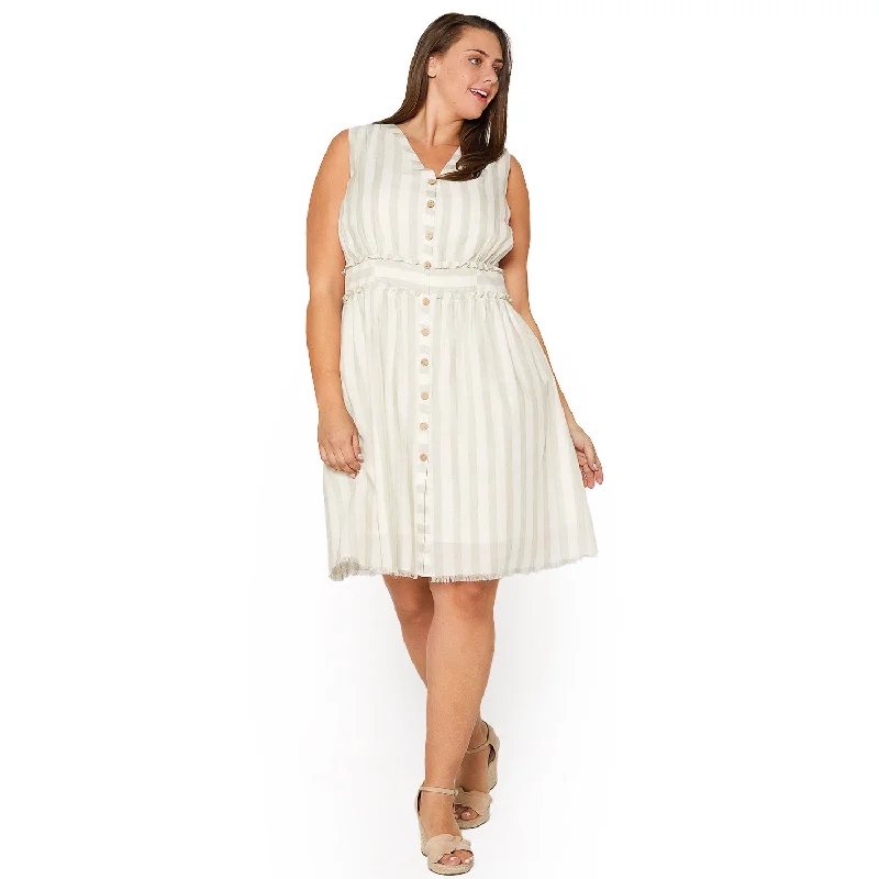 Plus Size Sleeveless Button Down Stripe Dress in Sage