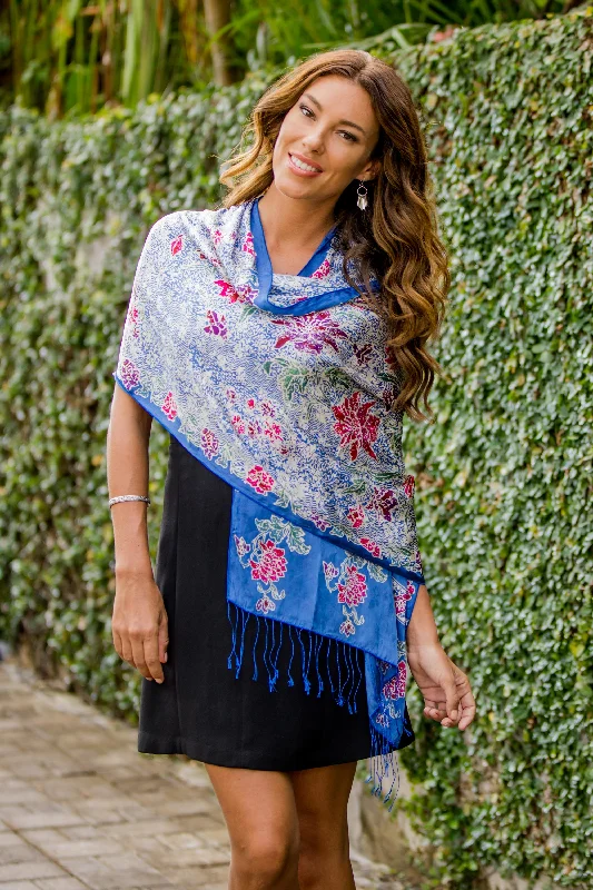 Sapphire Mums Blue Batik Silk Shawl