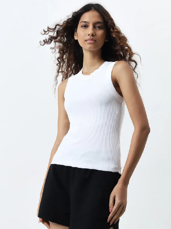 Superstar White Ribbed Cotton Blend Tank Top