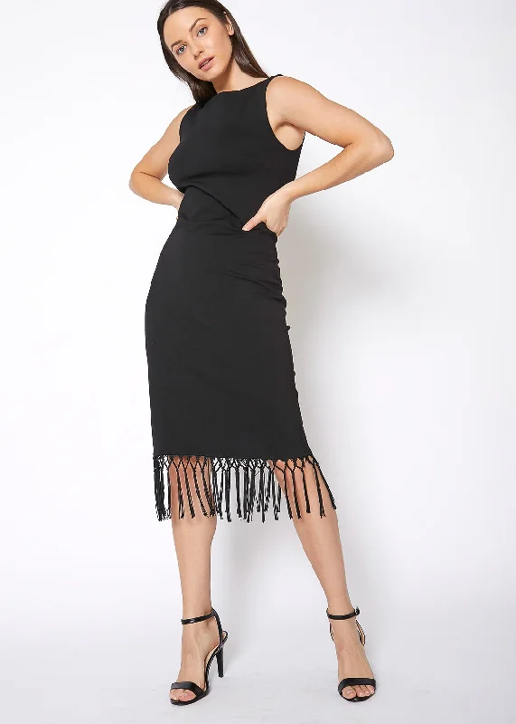Tassel Hem Sleeveless Midi Bodycon Dress in Black Sharp Women's Italian