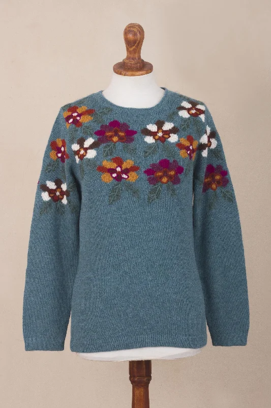 Turquoise Garden Intarsia Knit Turquoise Floral Alpaca Sweater Sophisticated Women's Turquoise Garden Intarsia Knit Turquoise Floral Alpaca Sweater Sophisticated Women's