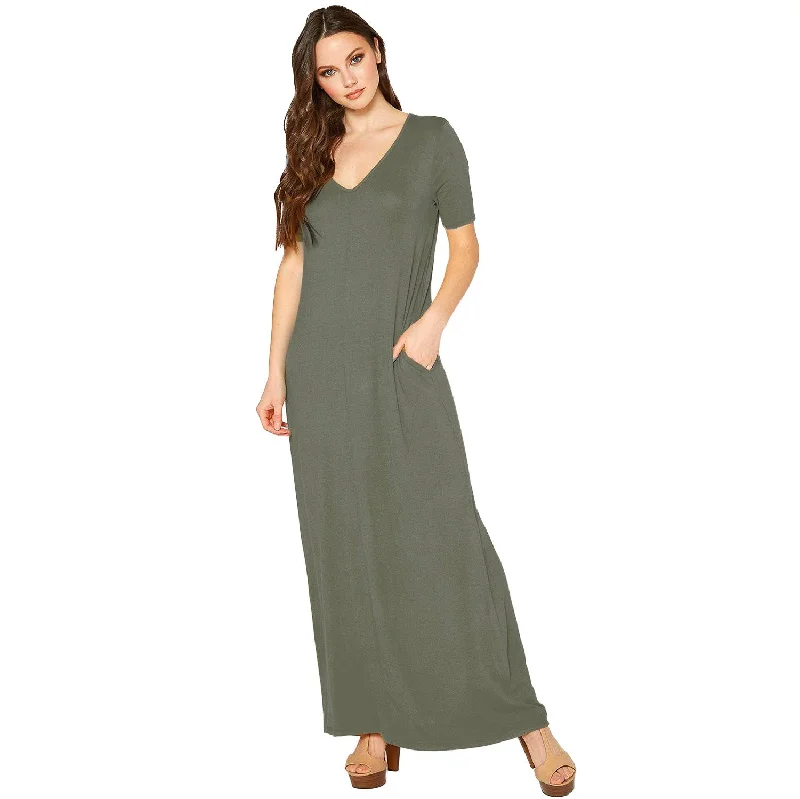 V-neck Short Sleeve Maxi Dress With Pockets