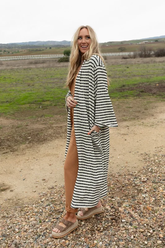 The Nest Venyx Striped Duster Cardigan - Cream Black Tough Women's Military - inspired