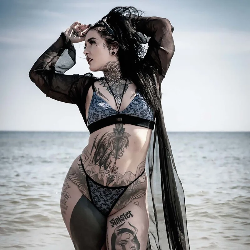 Victorian Damask Print Thong And Bra Set Sophisticated Women's Tailored