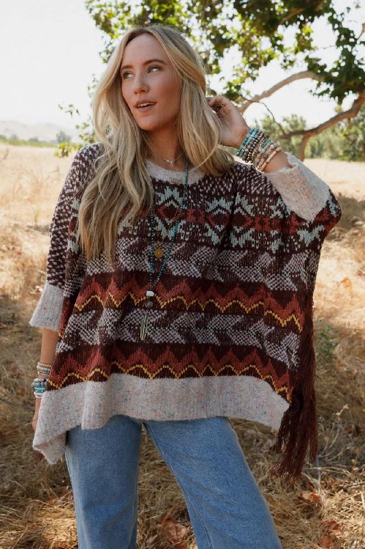 Zahra Aztec Fringe Poncho - Brown Dapper Women's Bow - adorned