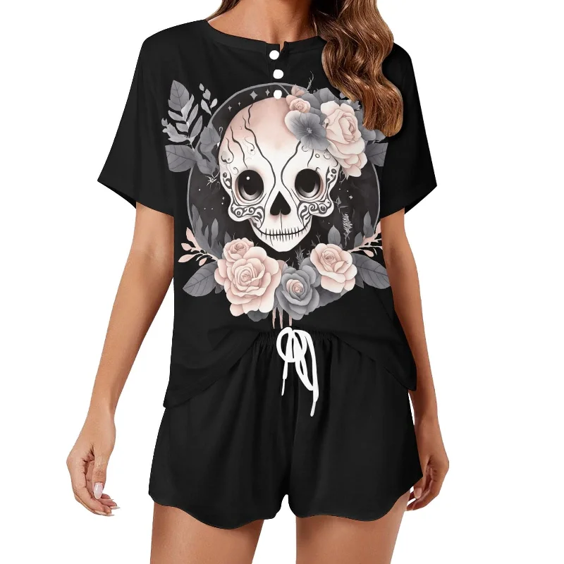 Ladies Pink Skull & Flowers Casual Pajama Set