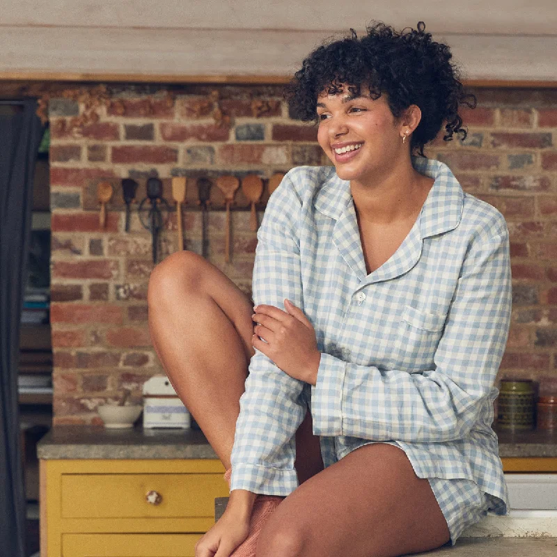 Warm Blue Gingham Linen Pajama Shorts