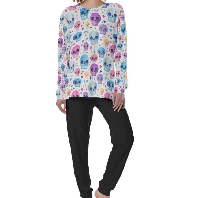 Women's Colorful Skulls Top And Black Bottoms Pajamas