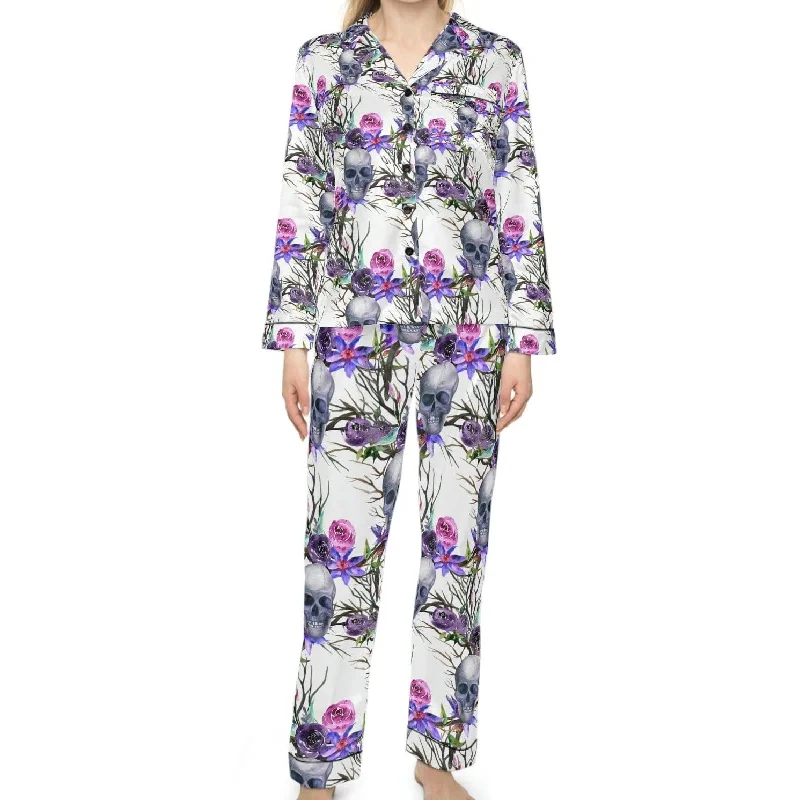 Women's Skull Purple Floral Satin Pajamas