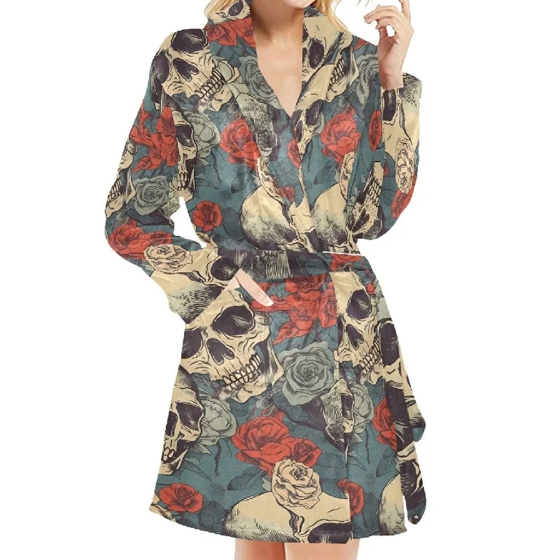 Women's Skull Red Blue Floral Tie Night Robe