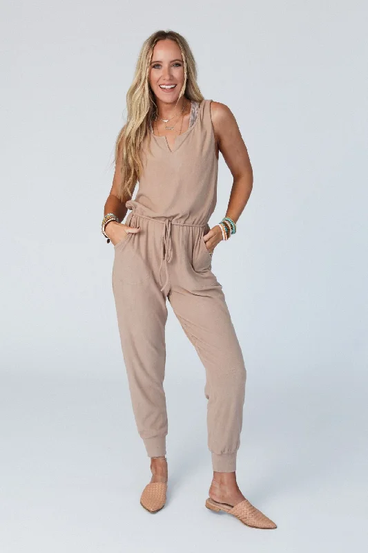 The Nest Chill Out Comfy Ribbed Jumpsuit - Mocha